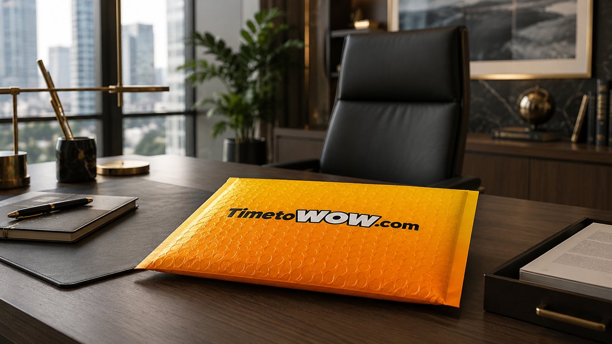 Time to WOW! branded bubble mailer on an executive desk