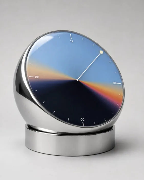 Sculptural chrome desk clock with a sunrise gradient dial